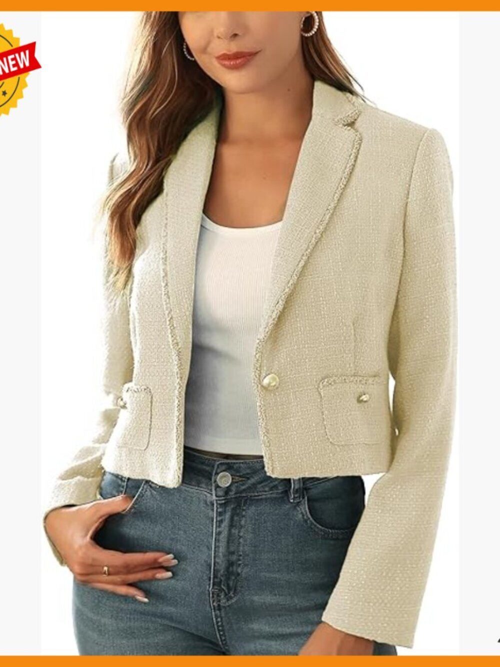 Cropped Tweed Blazer with Pockets, Notch Lapel, Open Front Cardigan Style